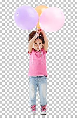 Buy stock photo Child, balloons and birthday party with happiness for event celebration, fun play and wellness in childhood. Girl, smile and colour decoration with relax and isolated on transparent png background