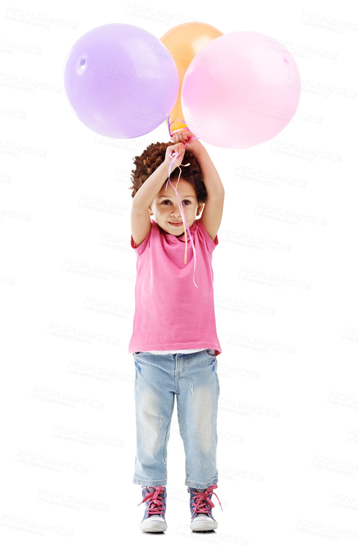 Buy stock photo Child, balloons and birthday party with happiness for event celebration, fun play and wellness in childhood. Girl, smile and colour decoration with relax and isolated on transparent png background