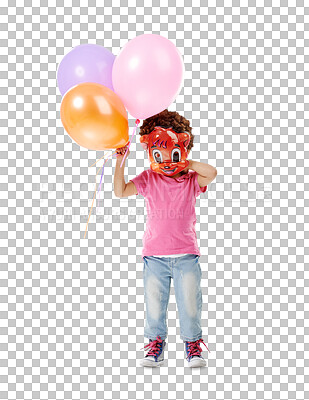 Buy stock photo Child, mask or holding balloons for birthday, happiness or event celebration for fun play in childhood. Girl, party and clothes with creative decoration and isolated on transparent png background