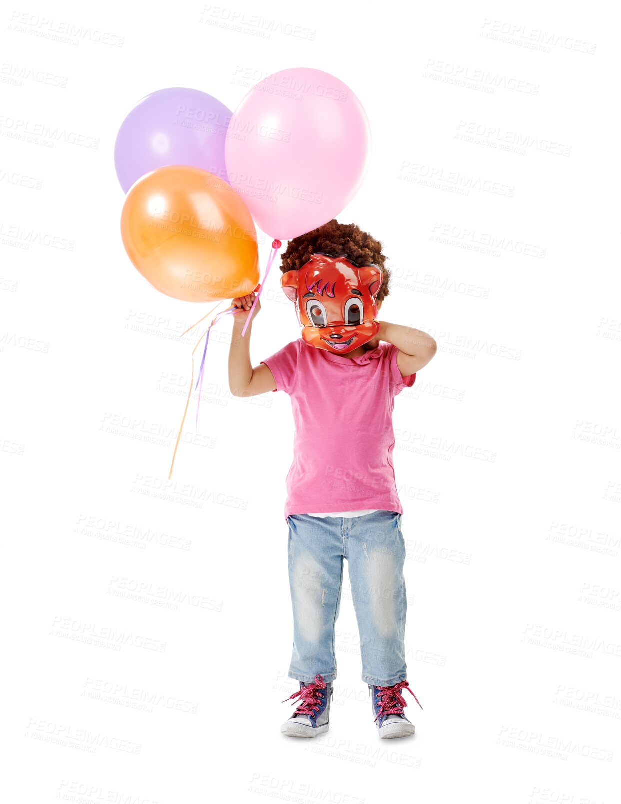 Buy stock photo Child, mask or holding balloons for birthday, happiness or event celebration for fun play in childhood. Girl, party and clothes with creative decoration and isolated on transparent png background