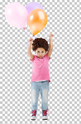 Buy stock photo Child, portrait or pointing with balloons for birthday, happiness or event celebration for fun play in childhood. Girl, smile and face with party decoration and isolated on transparent png background