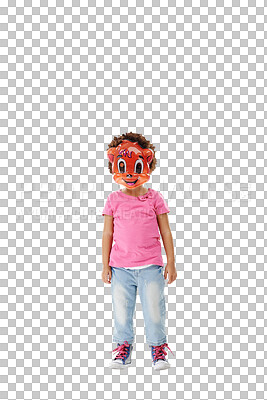 Buy stock photo Portrait of child, animal mask and isolated on transparent png background with cute halloween costume. Small girl with playful cartoon character cosplay for kindergarten party, carnival or festival.