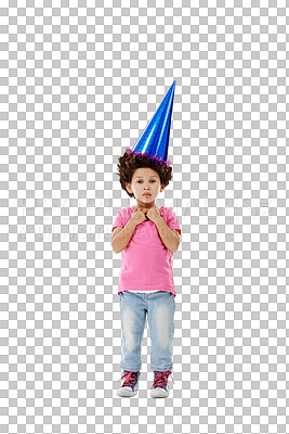 Buy stock photo Child, portrait and birthday party with happiness for event celebration, fun play and relax wellness in childhood. Girl, face and color cone cap with denim and isolated on transparent png background