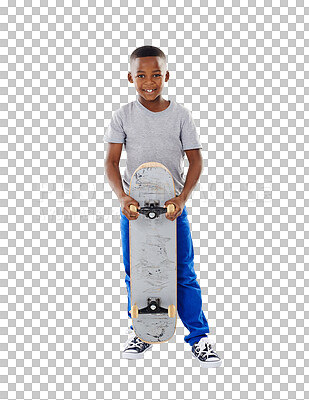 Buy stock photo Portrait, smile and African child with skateboard isolated on a transparent png background. Happy kid, sports and board for exercise, healthy body and cool fashion of young student in Nigeria for fun