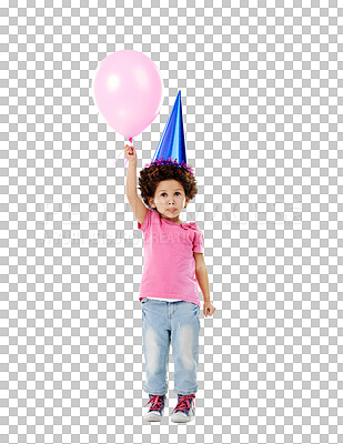 Buy stock photo Isolated girl child, balloon and party with hat, afro and playful at celebration by transparent png background. Female kid, birthday or event with clothes, trendy fashion and pink tshirt for games