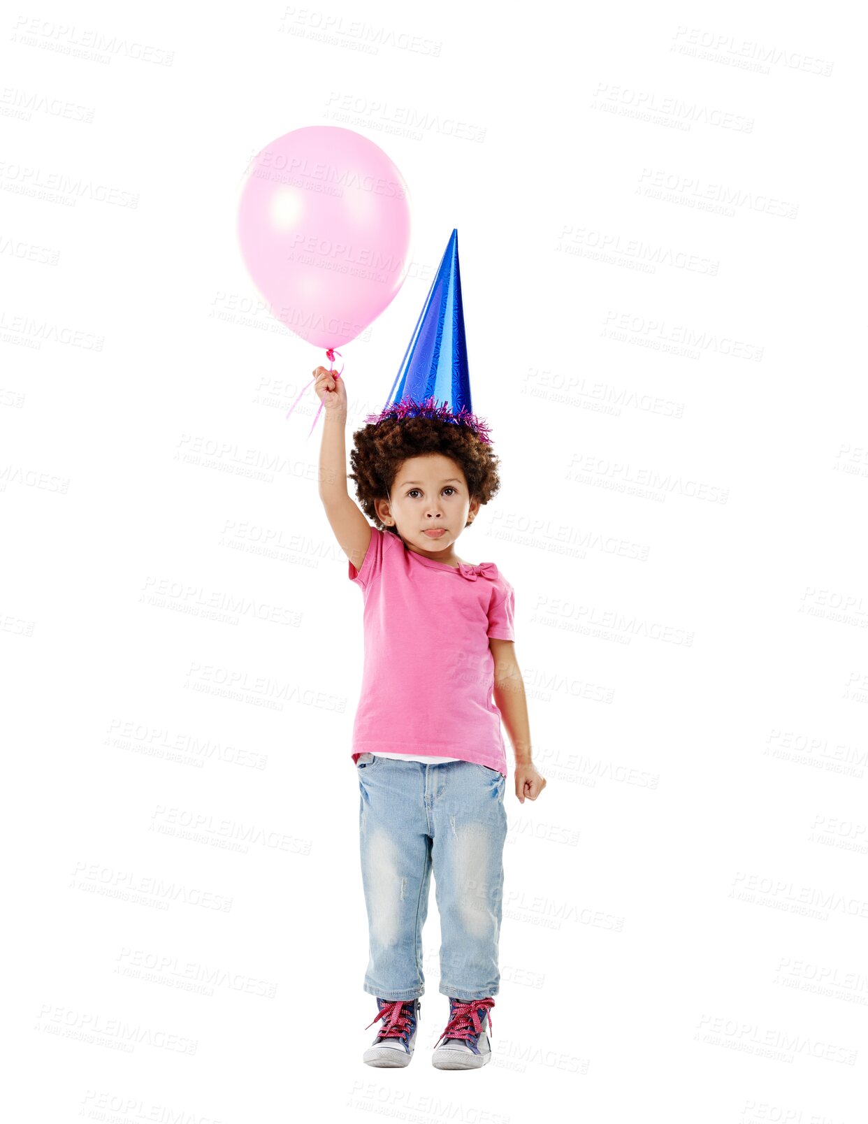 Buy stock photo Isolated girl child, balloon and party with hat, afro and playful at celebration by transparent png background. Female kid, birthday or event with clothes, trendy fashion and pink tshirt for games