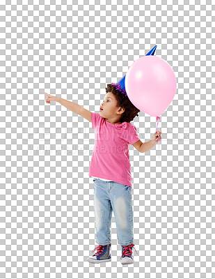 Buy stock photo Party, balloon and kid pointing on birthday isolated on a transparent png background. Child gesture, girl and inflatable for celebration, gift or present at event, direction or casual fashion clothes