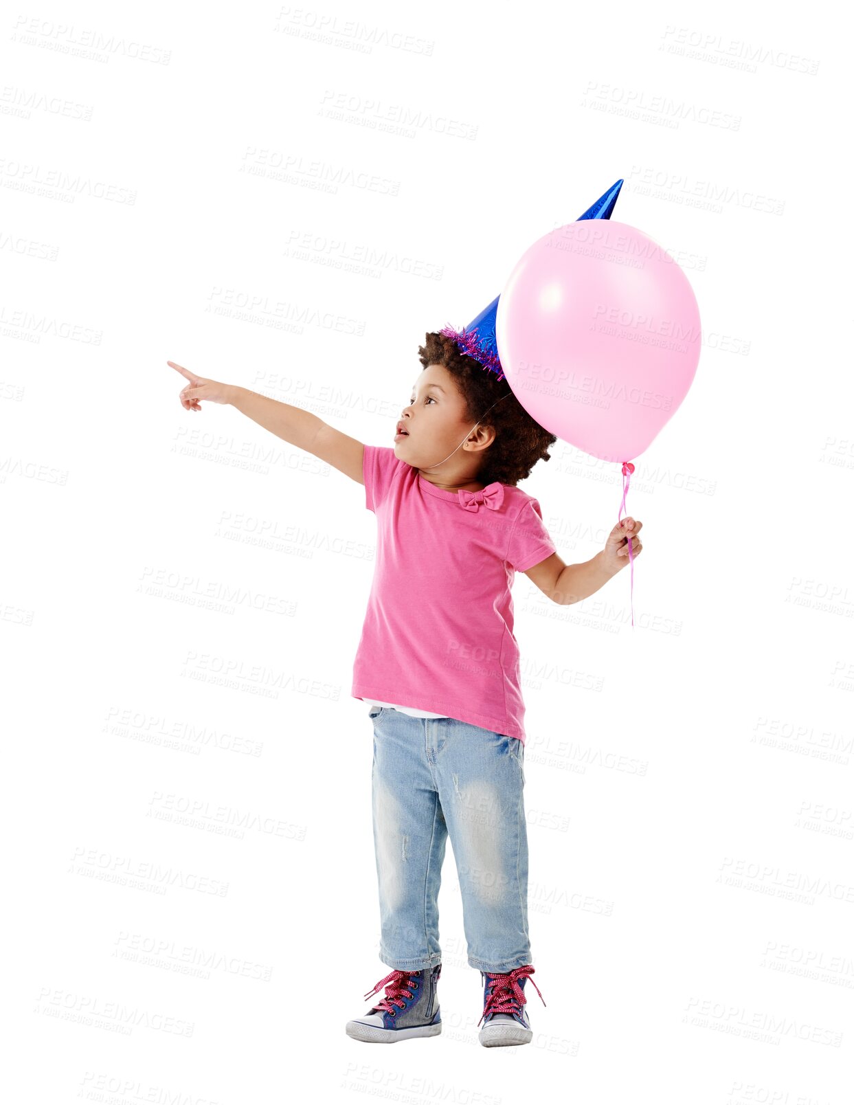 Buy stock photo Party, balloon and kid pointing on birthday isolated on a transparent png background. Child gesture, girl and inflatable for celebration, gift or present at event, direction or casual fashion clothes