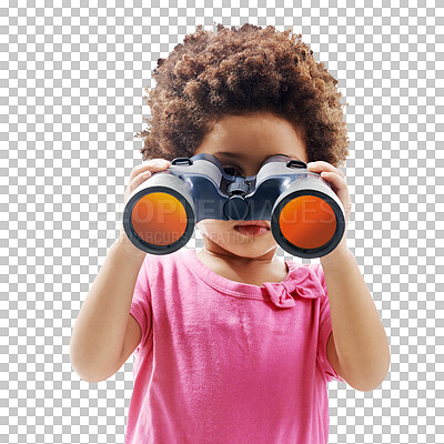 Buy stock photo Little girl, binoculars and sight for vision, explore or scope standing isolated on a transparent PNG background. Female person, child or kid afro watching in adventure, discovery or sightseeing 