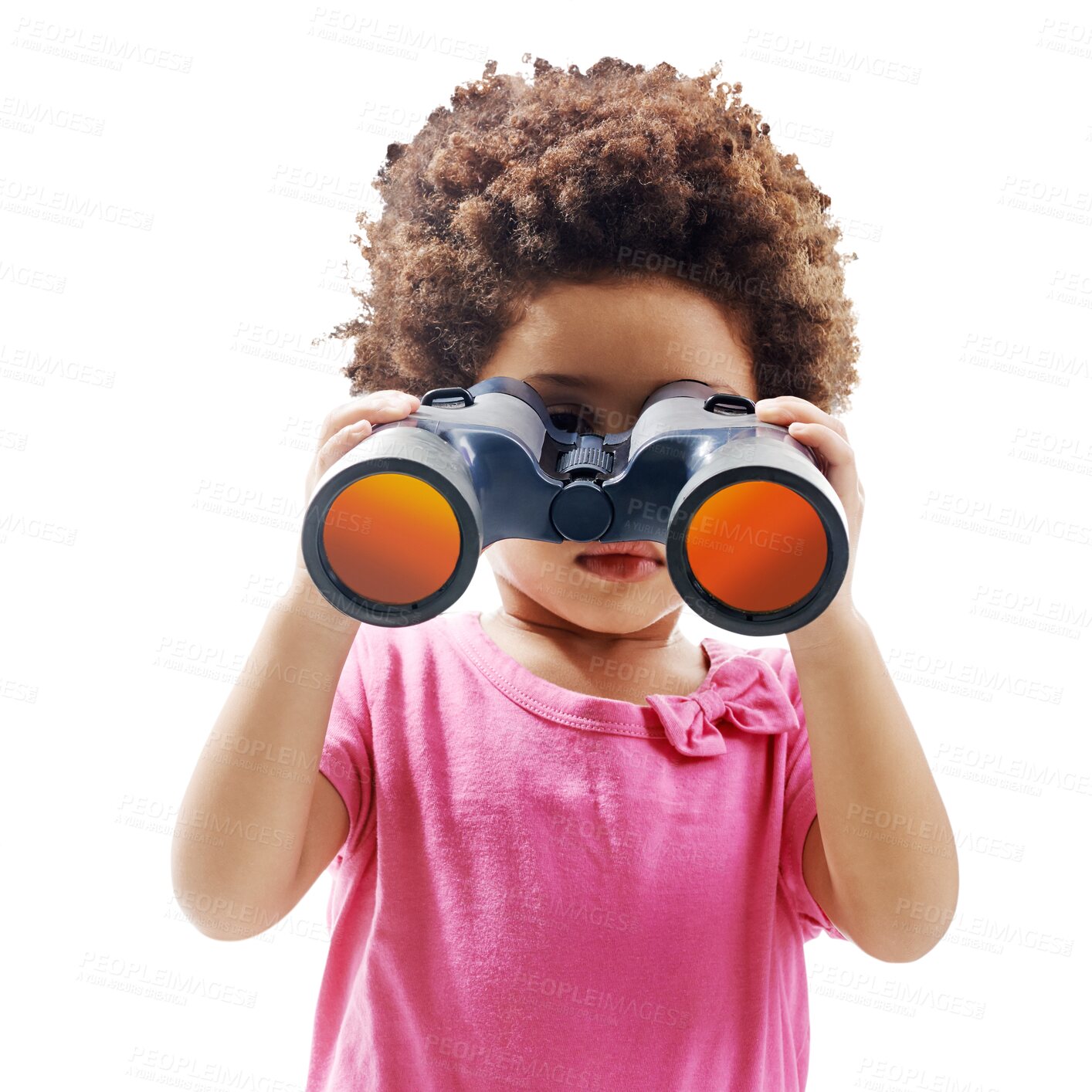 Buy stock photo Little girl, binoculars and sight for vision, explore or scope standing isolated on a transparent PNG background. Female person, child or kid afro watching in adventure, discovery or sightseeing 