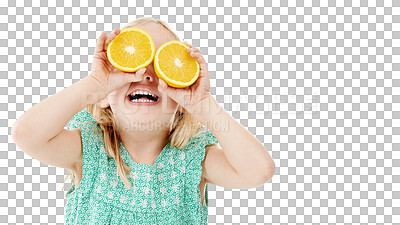 Buy stock photo Happy girl, lemon and eyes for vitamin C, diet or natural nutrition isolated on a transparent PNG background. Young female person, little child or kid smile with organic yellow or round citrus fruit