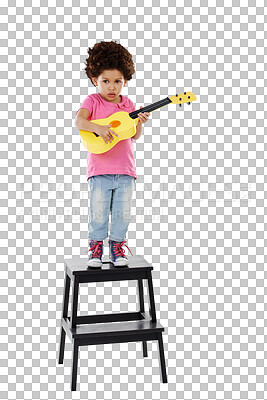 Buy stock photo Child, portrait and guitar for music practice lesson or rhythm education, serious or isolated transparent png background. Female person, face and string instrument audio, development or performance