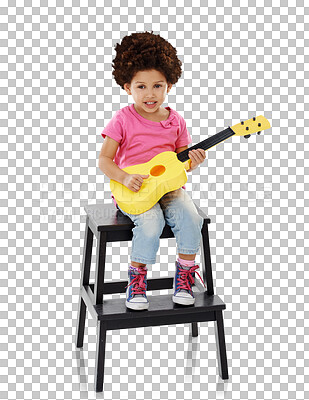 Buy stock photo Child, portrait and guitar for music lesson play for learning education, hobby or isolated transparent png background. Female person, afro and smile with string instrument, development or performance