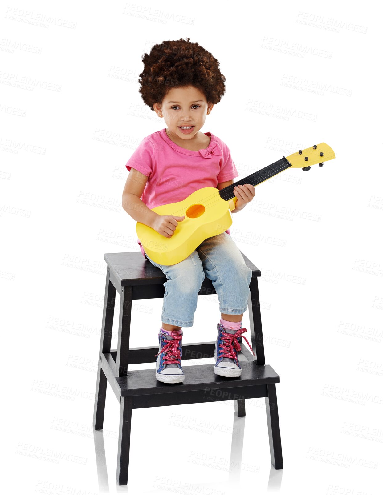 Buy stock photo Child, portrait and guitar for music lesson play for learning education, hobby or isolated transparent png background. Female person, afro and smile with string instrument, development or performance