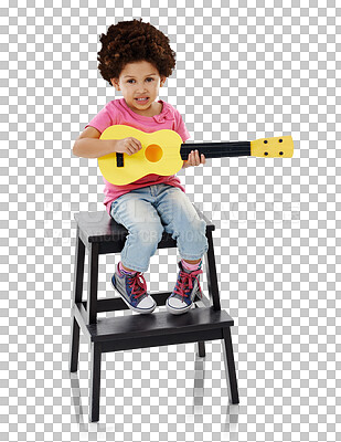 Buy stock photo Child, portrait and guitar for music learning lesson or rhythm education, hobby or isolated transparent png background. Female person, afro and string instrument audio, development or performance