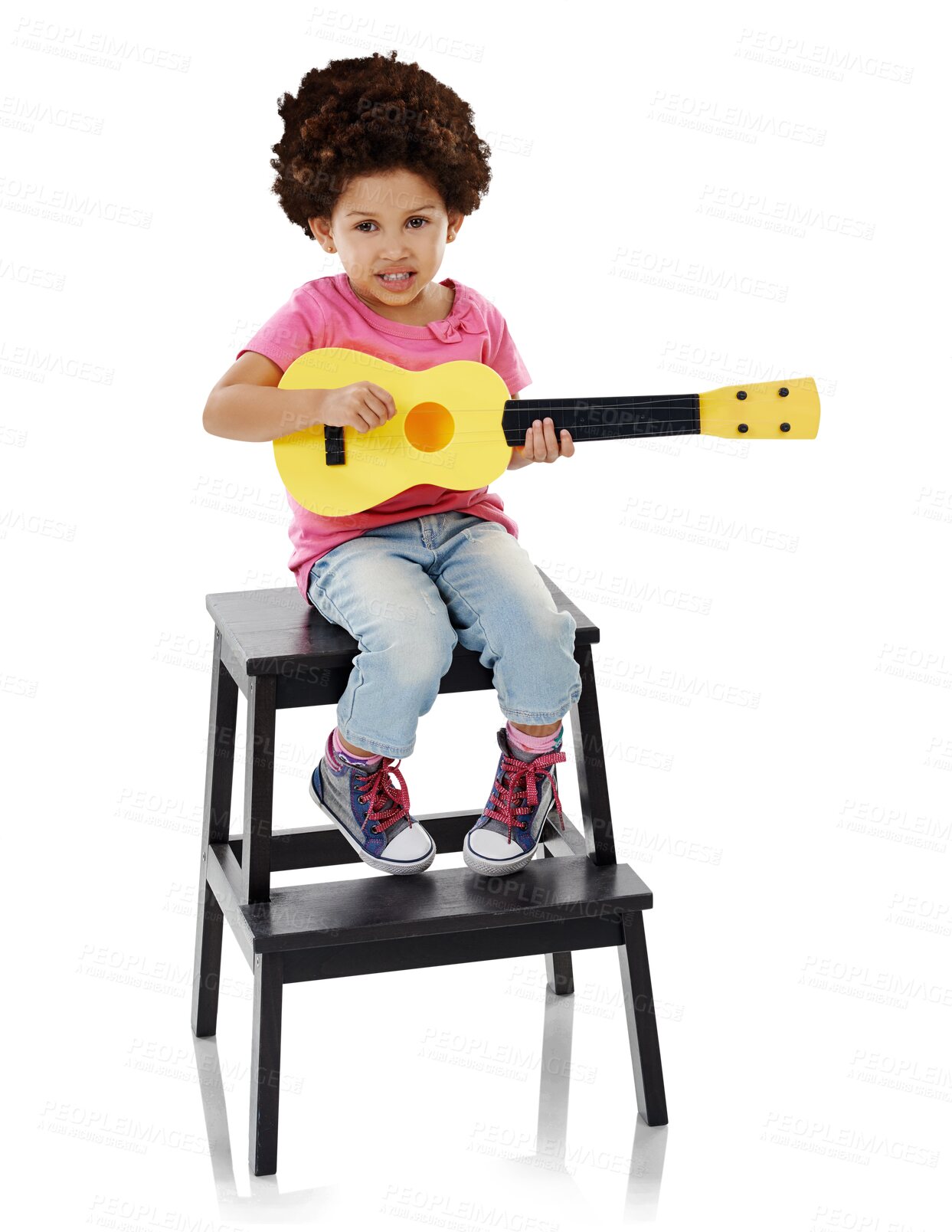 Buy stock photo Child, portrait and guitar for music learning lesson or rhythm education, hobby or isolated transparent png background. Female person, afro and string instrument audio, development or performance