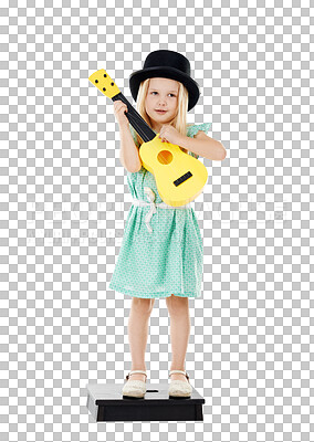 Buy stock photo Hat, smile and girl child with guitar playing music for fun, entertainment or artistic hobby. Cute, creative and young kid from Australia with string instrument isolated by transparent png background