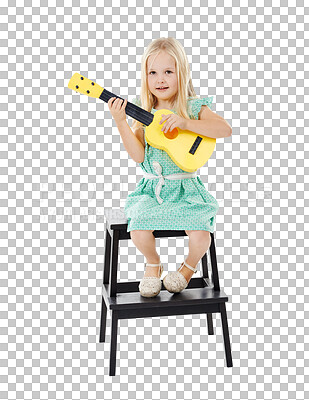 Buy stock photo Child, guitar and music learning lesson or skill education, practice class or isolated transparent png background. Female person, string instrument and toys for development, performance or sound