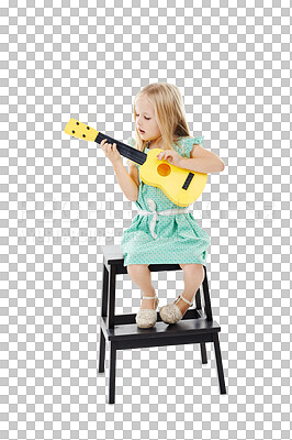 Buy stock photo Child, guitar and music learning lesson or rhythm education, practice class or isolated transparent png background. Female person, string instrument and audio for development, performance or notes