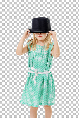 Buy stock photo Funny kid, girl or hide in hat isolated on transparent png background with positive emotion. Happy young child cover face, laughing or excited for fashion, casual clothes or playing dress up or style