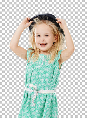 Buy stock photo Portrait, child and girl with a hat, smile and casual outfit isolated on a transparent background. Face, person and model with joy, stylish clothes and png with happiness, cap and kid with dress