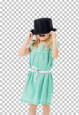 Buy stock photo Funny kid, girl and hide in hat isolated on a transparent png background. Happy young child cover face, laughing and excited for fashion, casual clothes or playing dress up, smile or positive emotion