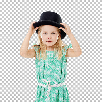 Buy stock photo Portrait, kid and girl with a hat, fashion and stylish clothes isolated on a transparent background. Black child, person and model with a smile, joyful and png with trendy, cheerful and casual outfit