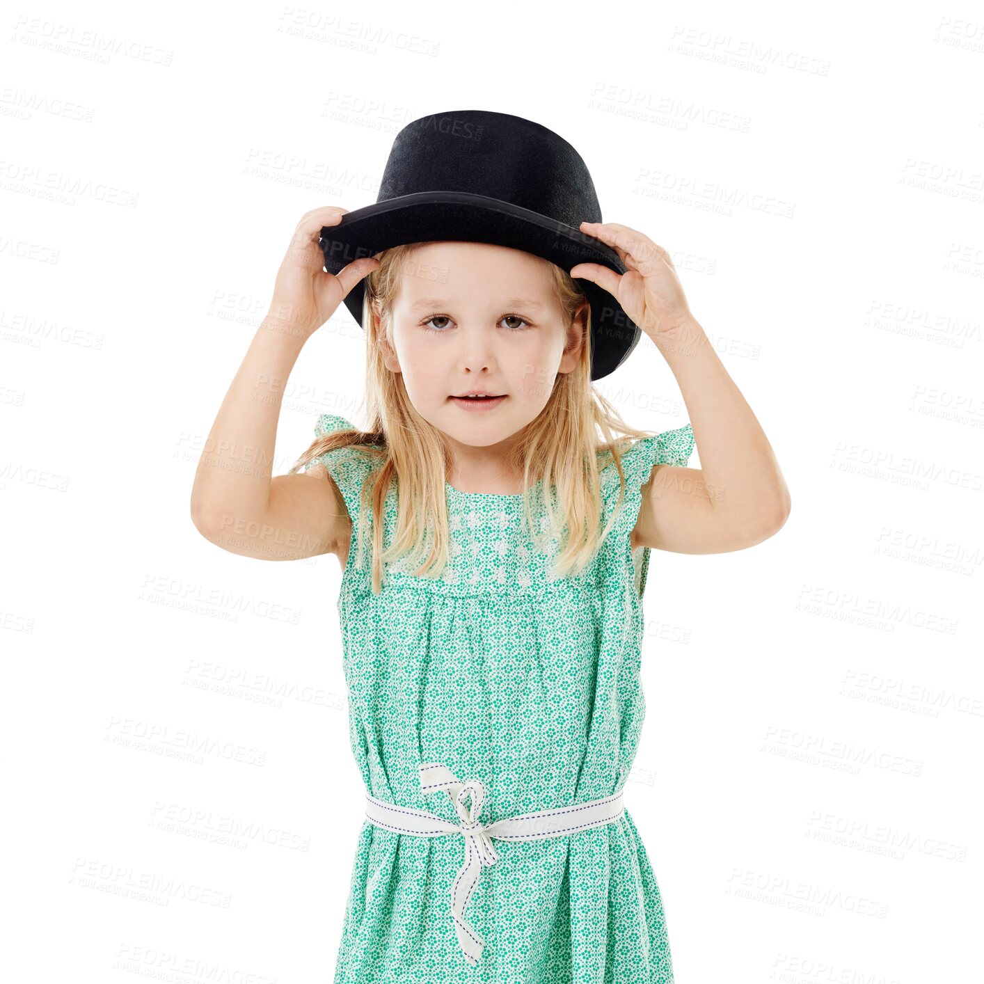 Buy stock photo Portrait, kid and girl with a hat, fashion and stylish clothes isolated on a transparent background. Black child, person and model with a smile, joyful and png with trendy, cheerful and casual outfit