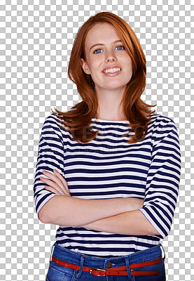 Buy stock photo Portrait, fashion and arms crossed with a redhead woman isolated on transparent background for style, Smile, happy and clothes with a trendy young ginger model on PNG to wear a casual clothes outfit