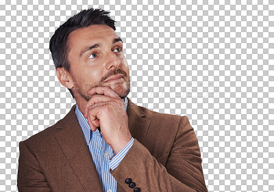 Buy stock photo Face, thinking and a mature business man isolated on a transparent background for planning or problem solving. Idea, vision and future with a confident employee in a suit on PNG for professional work