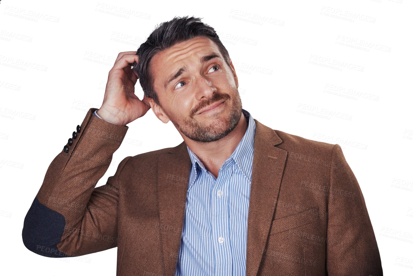 Buy stock photo Businessman, confused and thinking of option, opportunity or offer by announcement. Swedish person, entrepreneur and doubt face for suggestion for choice on isolated or transparent png background