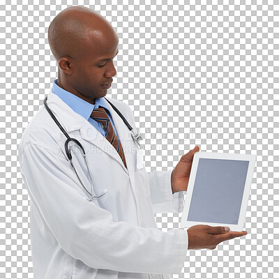 Buy stock photo Healthcare, tablet and mockup with a doctor black man isolated on transparent background for advice. Medical, technology and display with a medicine professional on PNG for consulting or telehealth