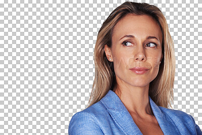 Buy stock photo Face, businesswoman and thinking of opportunity, option or offer with suggestion. Swedish person, female boss and idea with vision for choice on isolated or transparent png background by announcement