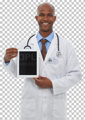 Buy stock photo Portrait, healthcare and tablet with a doctor black man isolated on a transparent background. Medical, technology and display with a happy medicine professional on PNG for consulting or telehealth