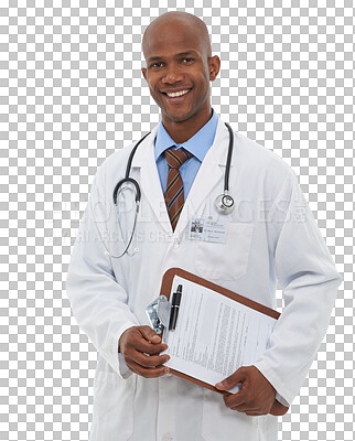 Buy stock photo Clipboard, portrait and happy black man, doctor or surgeon with insurance paperwork, medical info or hospital survey. Clinic, documents and healthcare expert isolated on transparent, png background