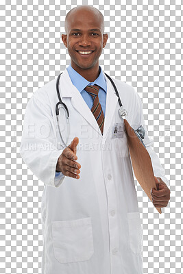 Buy stock photo Healthcare, portrait and handshake with a doctor black man isolated on transparent background for consulting. Medical, smile and welcome with a happy medicine professional on PNG for friendly advice