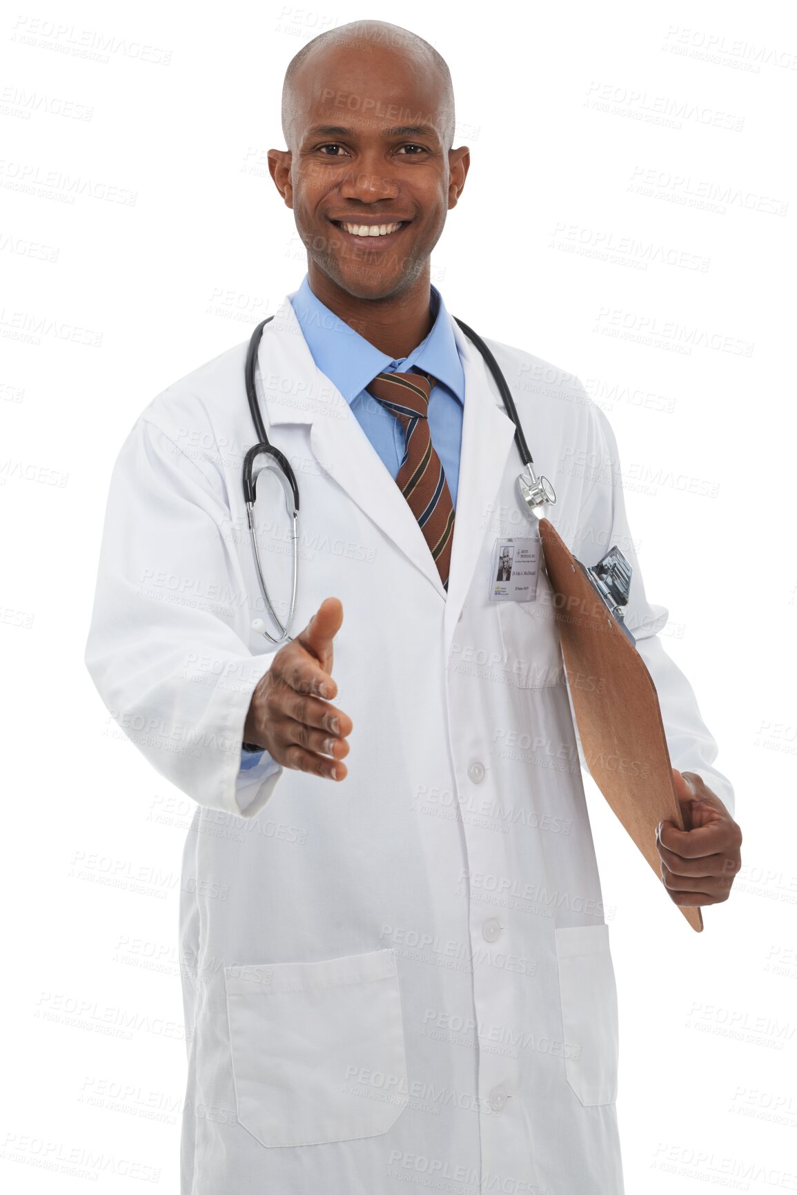 Buy stock photo Healthcare, portrait and handshake with a doctor black man isolated on transparent background for consulting. Medical, smile and welcome with a happy medicine professional on PNG for friendly advice