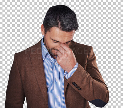 Buy stock photo Businessman, stress and headache for work company, burnout problem or fail mistake as employee. Male person, fatigue and anxiety or isolated on transparent png background for thinking, hr or job pain