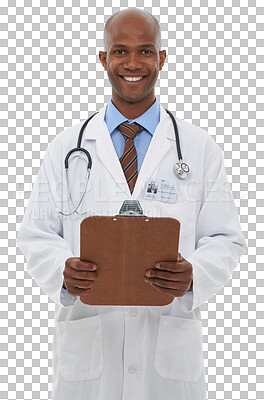 Buy stock photo Portrait, medical and black man doctor with clipboard for diagnosis or treatment with career. Smile, healthcare and professional African surgeon with checklist isolated by transparent png background.