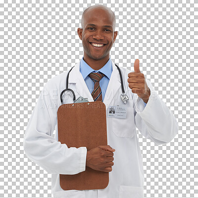 Buy stock photo Thumbs up, clipboard and portrait of black man doctor doing research for diagnosis or treatment. Smile, healthcare and professional surgeon with checklist isolated by transparent png background.