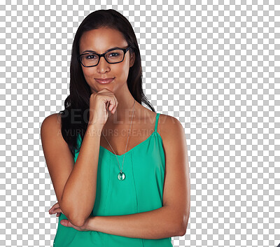 Buy stock photo Portrait, fashion and glasses with a young woman isolated on transparent background for vision. Smile, aesthetic and eyewear with a confident young person on PNG in a trendy clothes outfit for style