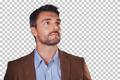 Buy stock photo Thinking, serious and business man with idea, solution and decision isolated on a transparent png background. Vision, inspiration and consultant dream of future, planning strategy and problem solving