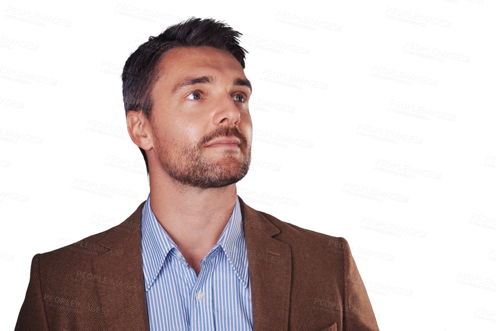 Buy stock photo Thinking, serious and business man with idea, solution and decision isolated on a transparent png background. Vision, inspiration and consultant dream of future, planning strategy and problem solving