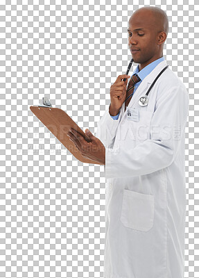 Buy stock photo Clipboard, reading and thinking black man, doctor or surgeon check insurance paperwork, medical info or survey. Clinic analysis, documents review and expert isolated on transparent, png background