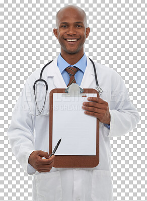 Buy stock photo Clipboard paperwork, portrait and black man, doctor or surgeon with health insurance documents, medical form or survey. Hospital, questionnaire or happy expert isolated on transparent, png background