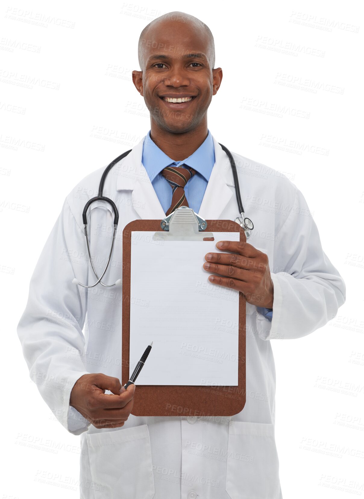 Buy stock photo Clipboard paperwork, portrait and black man, doctor or surgeon with health insurance documents, medical form or survey. Hospital, questionnaire or happy expert isolated on transparent, png background