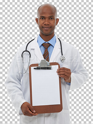 Buy stock photo Clipboard documents, portrait black man and doctor show health insurance contract, clinic service form or healthcare survey. Hospital, questionnaire or surgeon isolated on transparent, png background