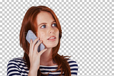 Buy stock photo Face, woman and phone call for communication, talk or discussion by cellular, network or connection. Female model, mobile and consultation for opportunity on isolated or transparent png background