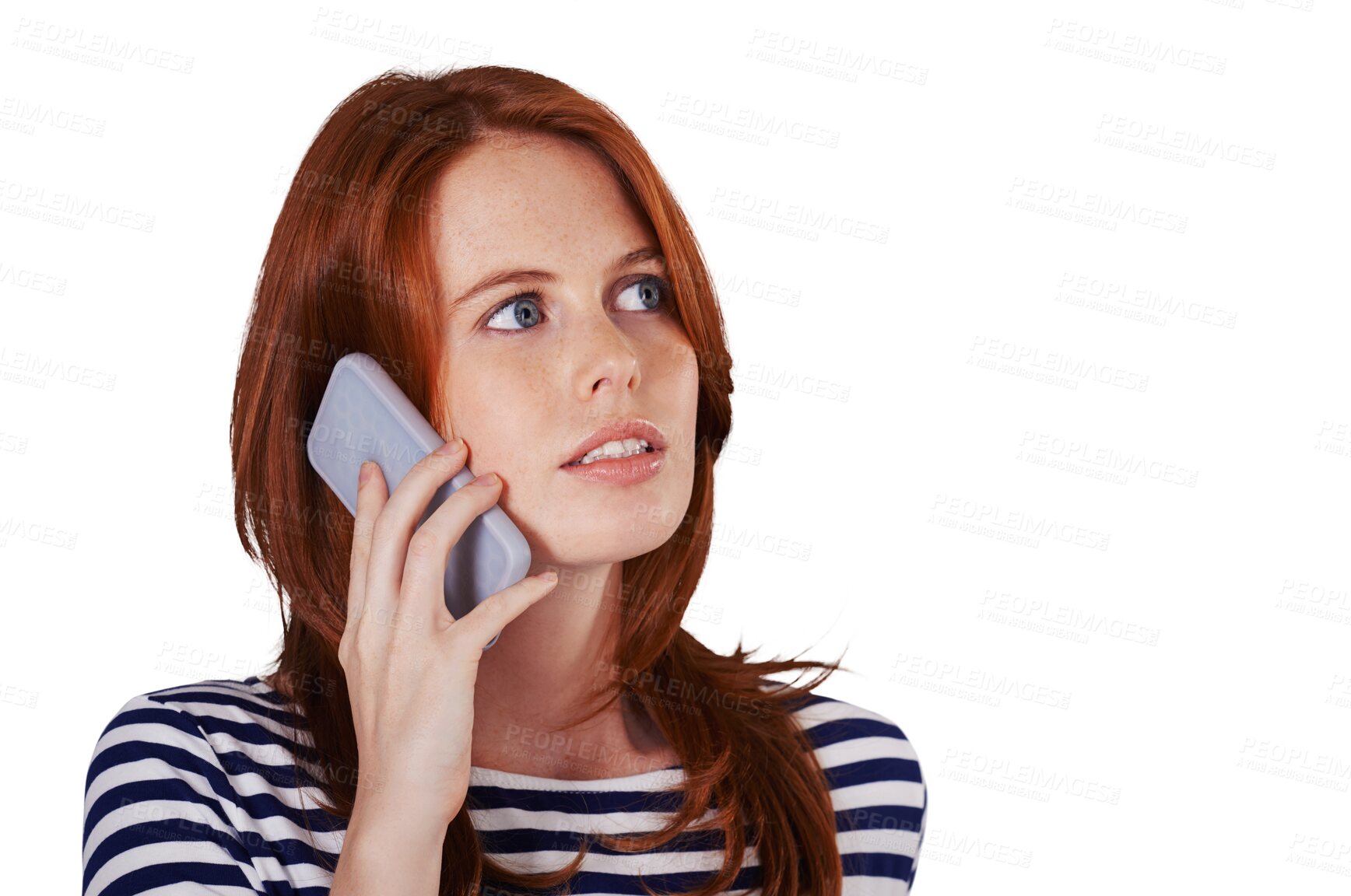 Buy stock photo Face, woman and phone call for communication, talk or discussion by cellular, network or connection. Female model, mobile and consultation for opportunity on isolated or transparent png background