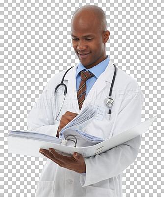 Buy stock photo Black man, doctor and documents for research, reading or information isolated on a transparent PNG background. African male person, surgeon or healthcare professional checking file or medical records